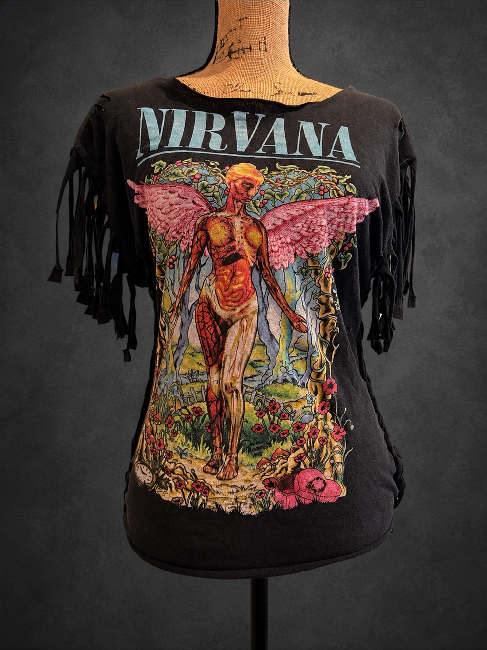 NIRVANA Black Tee fringe with Pink Wing Graphic